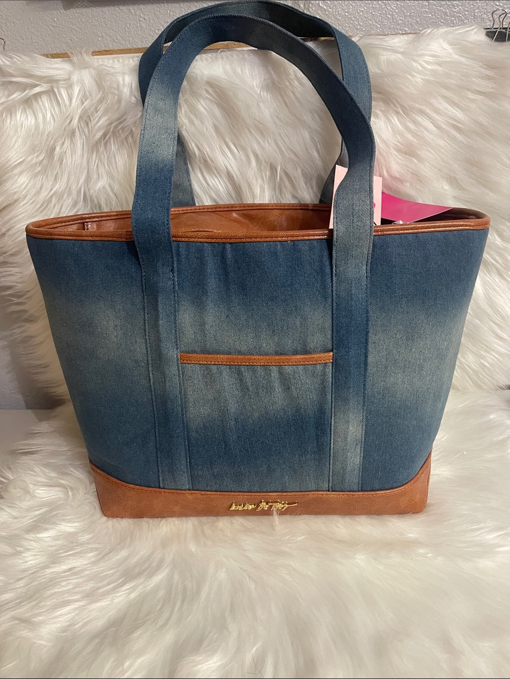Betsey Johnson tote bag denim and brown gold logo
